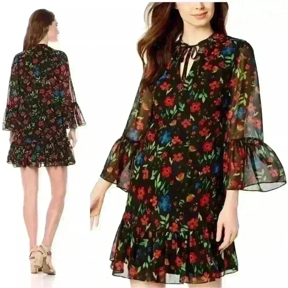 Calvin Klein Ruffle Bell Sleeve Floral Print Front Tie Dress Women Size 4 Spring